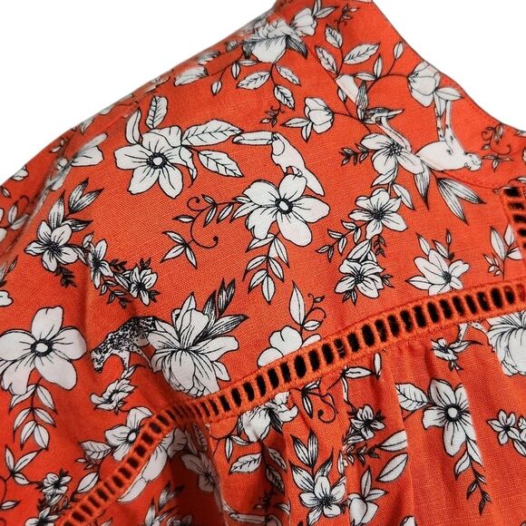 Charter Club Linen Blouse XL Orange Floral Blend Front Tie Cottagecore - Picture 8 of 10